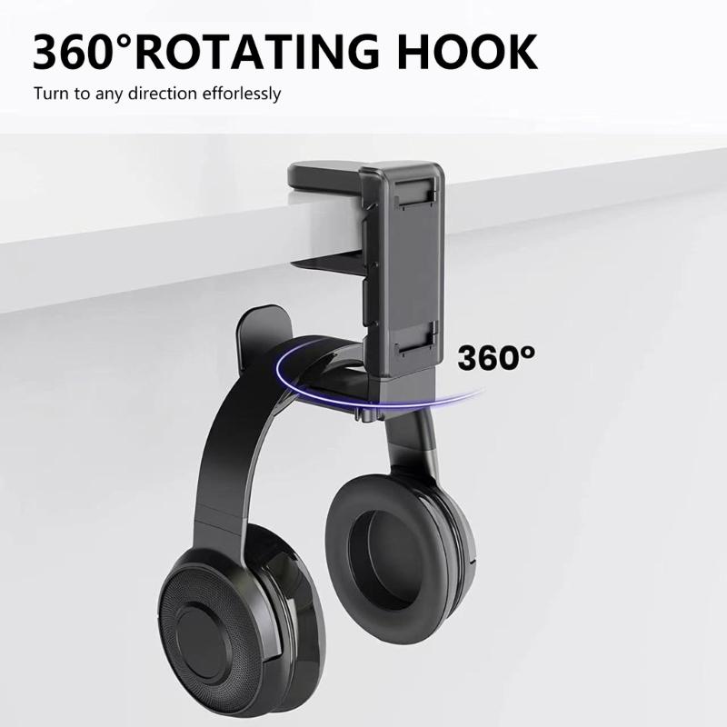 Headphone Hanger Hook, 360 Rotating Clamp On Desk Headsets Holder Space Saving Headphone Mount Controller Mount