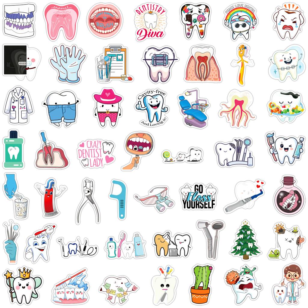 50Pcs Cute Dentist Graffiti Stickers Creative Teeth Cartoon Decal Diy Luggage Phone Guitar Scrapbook Waterproof Sticker Kid Toys