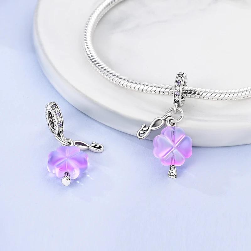 Copper Plated Purple Glass Flower Family Pendant Beads Fit Charms Plataoriginal Bracelet Beads Women Jewellery Making
