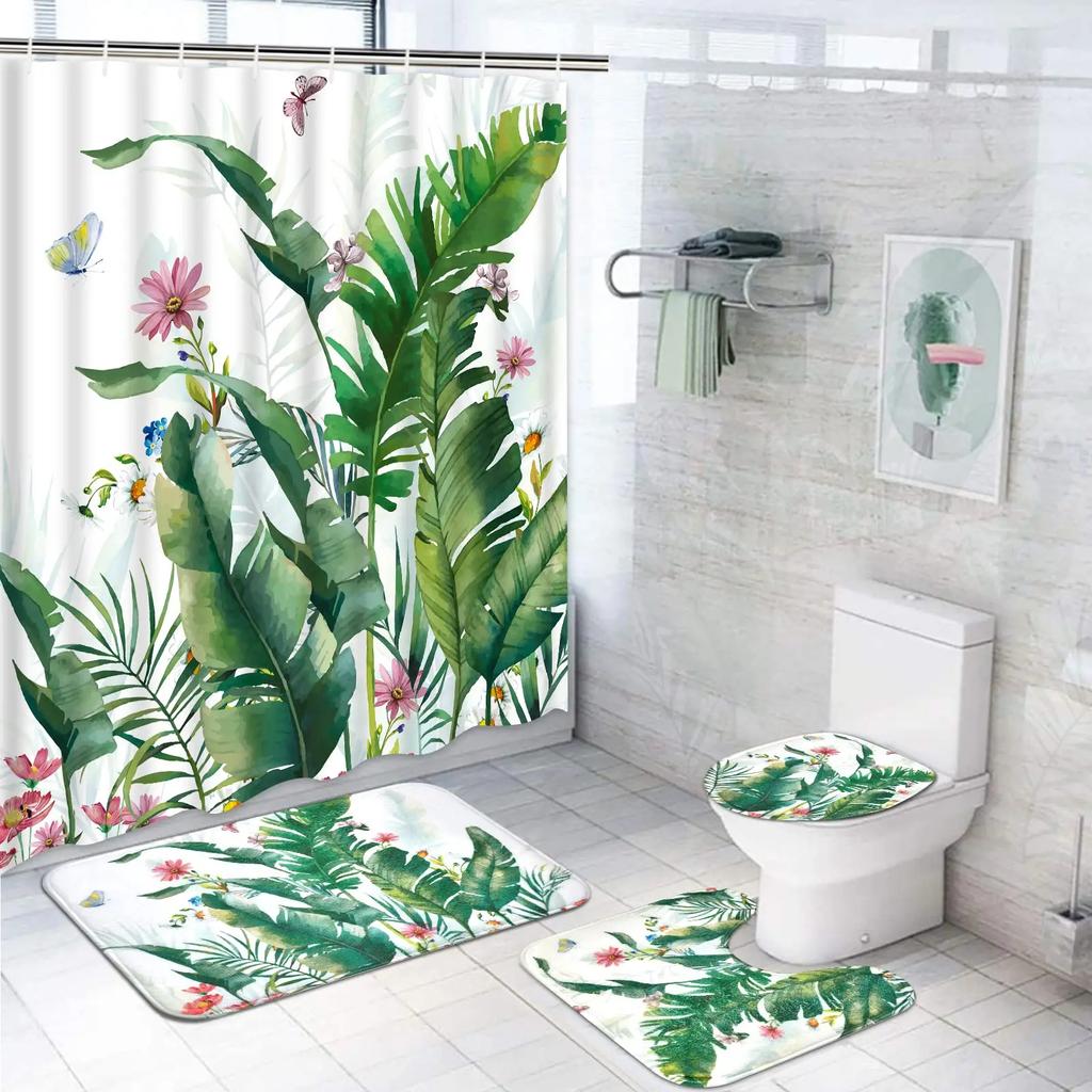 Blue Green Leaves Shower Curtain Set With Non-Slip Rug Toilet Lid Cover Bath Mat And Hooks Plant Leaf Vine Waterproof Decor Sets