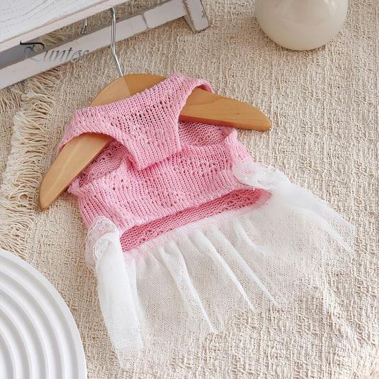 Breathable Dog Clothing Knitted Sleeveless Dress, White Tutu Puppy Princess Cute Girl Dress Pet for Summer with Lace Faux Pearl Bow, Female Small Dogs