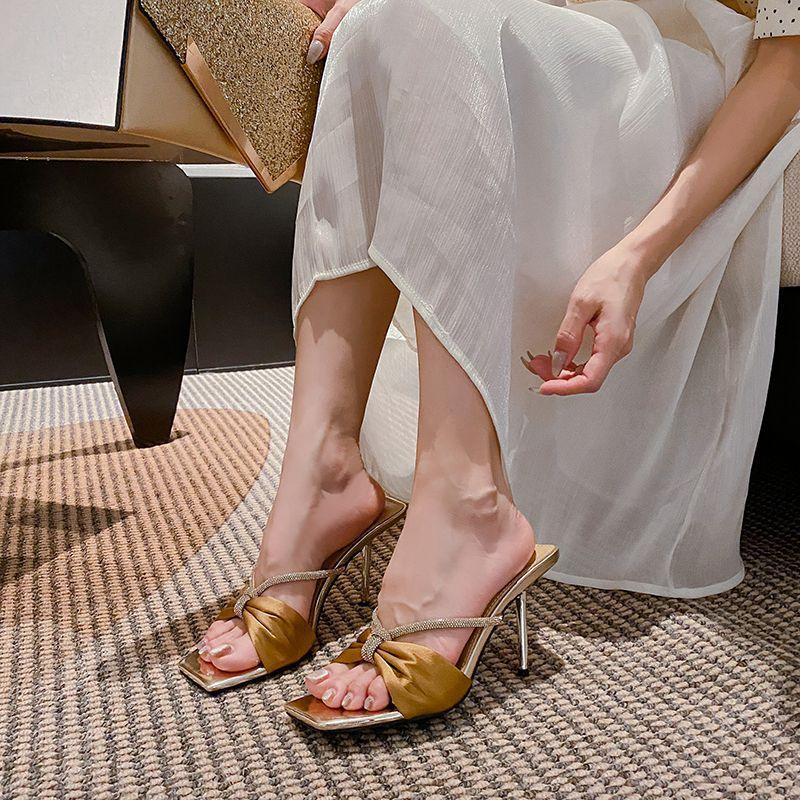 Poplar Woods Rhinestone Square Head Satin High Heel Slippers Celebrity Temperament Thin Heel Champagne Cross Word with Sandals Woman