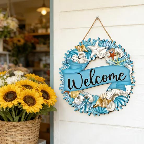 Welcome Summer Sign Shells Starfish Wall Hanging Wreath Farmhouse Coastal Beach Wooden Round Door Hanger for Front Door Porch Courtyard Decor