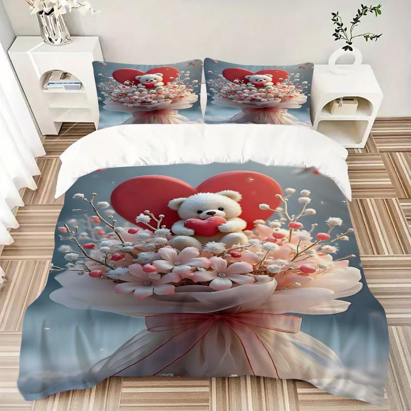 3pcs Anime Teddy Bear Heart Bouquet Bedding Set - Includes One Quilt Cover and Two Pillowcases (No Core) - Polyester Fabric, Perfect for Bed