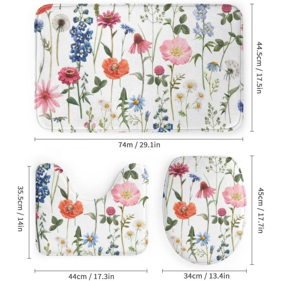 Flower Watercolor Field Flower Shower Curtain With 4 Pieces Absorbent Bathroom Mat Bathroom Curtain With Soft Bath Wheel U-Shaped Mat