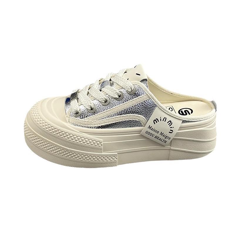 

Thick-soled bag head slippers women s summer new fashion leather round head soft sole one pedal lazy shoes tide 40 серебряный