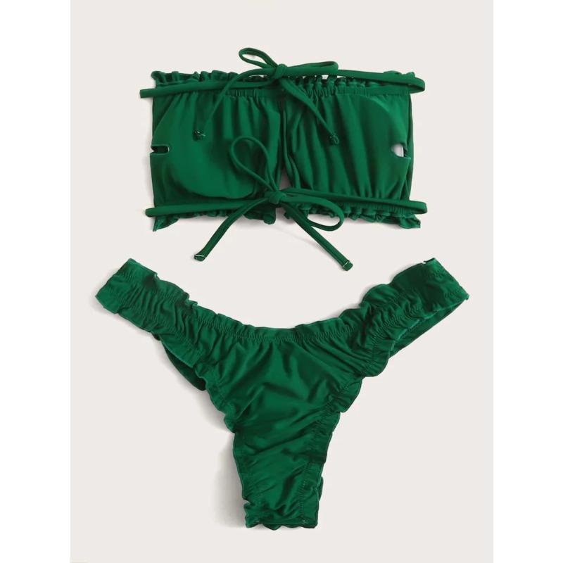 Badeanzug Sommer Strand Raffung Rüschen-Besatz Bandeau Bikini-Set