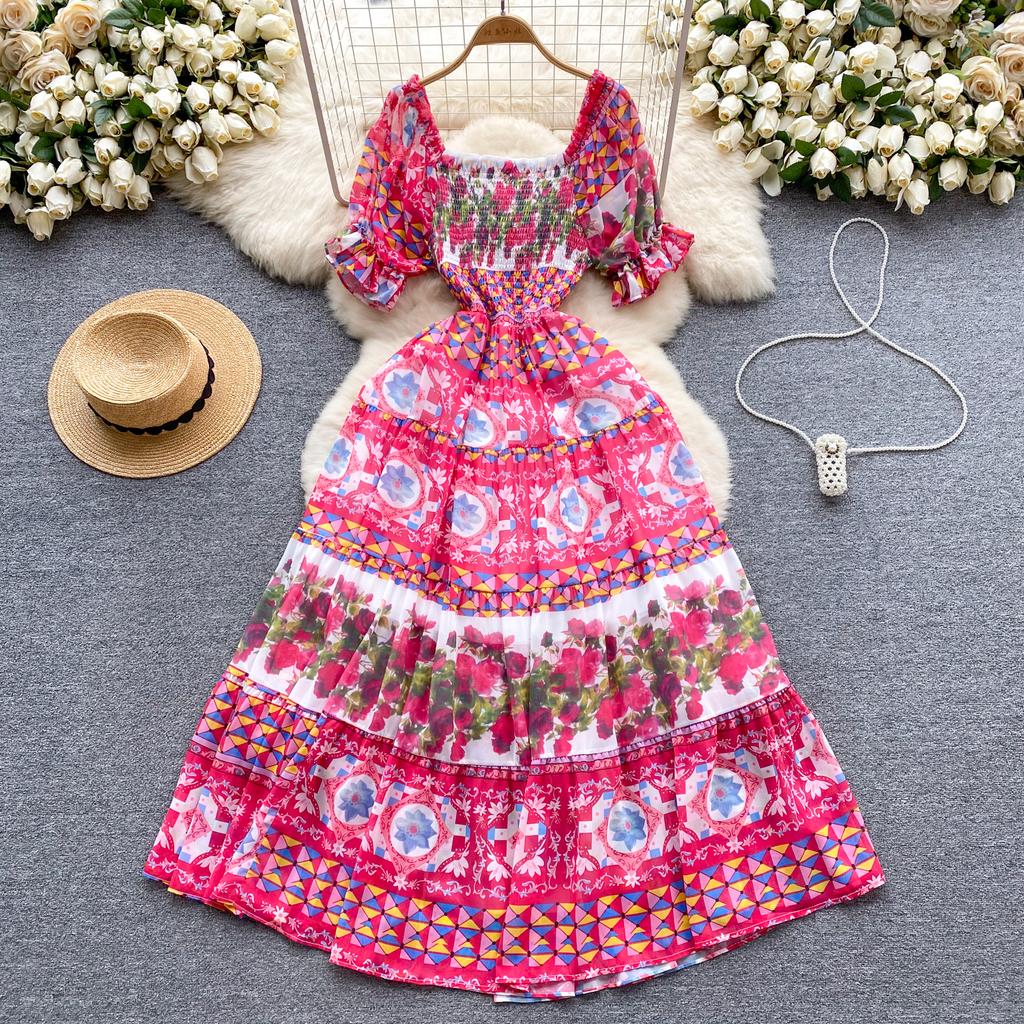 Berufskleid für Damen, quadratischer Kragen, Puffärmel, bedruckt, Chiffon-Kleider, A-Linie, Falten, Stretch, Vestidos Mujer, Sommer, Dropship