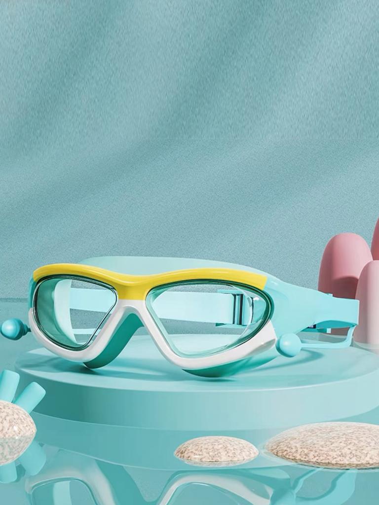 Children's High-definition Waterproof And Anti Fog Swimming Large Frame Glasses, Convenient Goggles Silicone Connected Earplugs