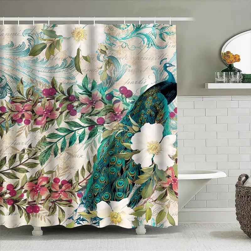 Luxurious Peacock Floral Printed Shower Curtain For Bathroom Decor Waterproof Fabric White/Cyan