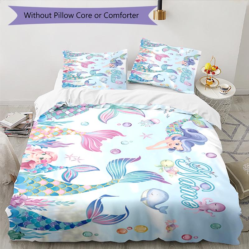 3pcs Custom Name Mermaid Bedding Set Duvet Cover Closure Includes 1 Duvet Cover & 2 Pillowcases, Soft and Comfortable for All Seasons.