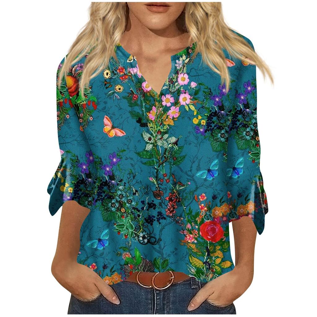 Women's Top Loose Casual V-neck Printed Blouses Bell 3/4 Sleeve T-shirt