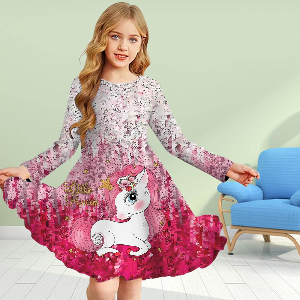 Mädchen Casual 3D Druck rotes Einhorn Rundhals Langarm Kleid Kind Prinzessin Kleid