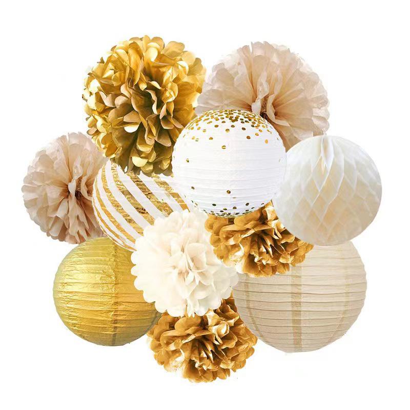 Rose Gold Paper Décor Set: Flower Stamped Lanterns & Honeycomb Balls for Parties