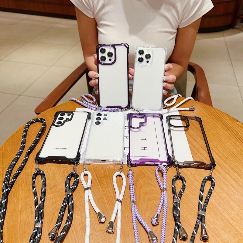 Four Corners Strap Case For Samsung Galaxy S23 Ultra S23 Plus S23Ultra S23Plus S24 Crossbody Cord Lanyard Shockproof Clear Cover