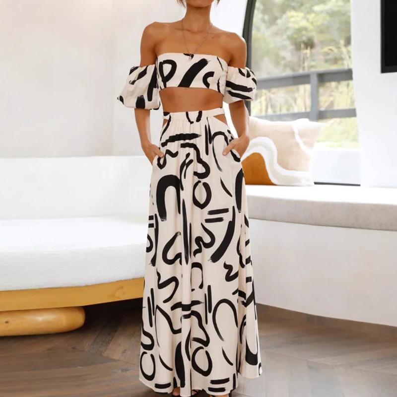 Top de vară cu mâneci umflate pentru femei. Costum cu fustă lungă scobit