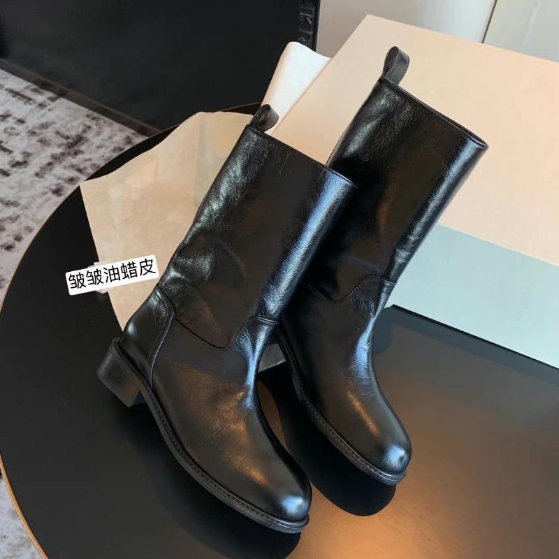 Cowhide retro premium wide leather western boots thick heel medium tube knight short boots women's autumn and winter Martin boots