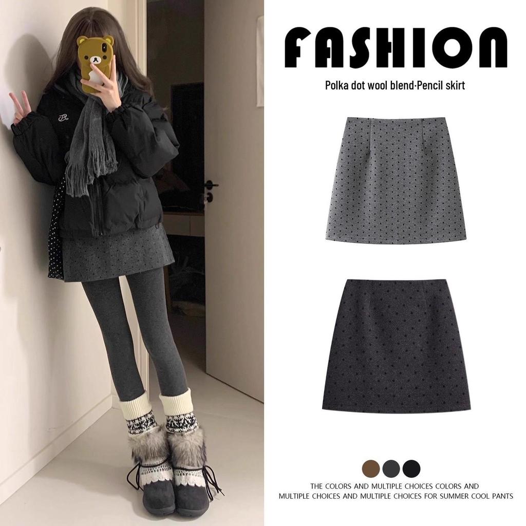Korean Style Women's Gray Polka Dot Wool A-Line Skirt - Retro Hip-Hugging Short Skirt for Autumn/Winter