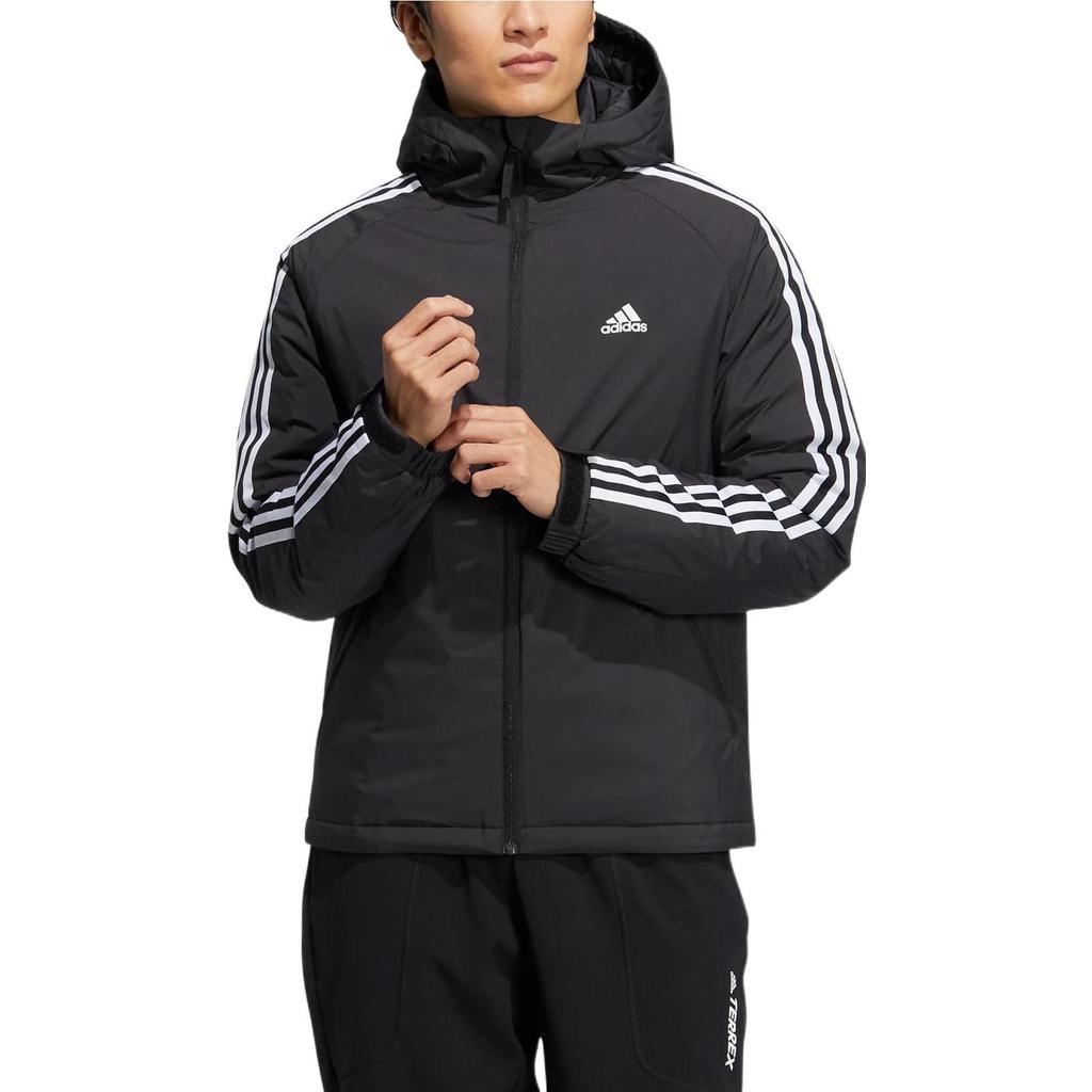 adidas Solid Striped Logo Print Hooded Zip Down Jacket Men Outerwear Black HN2123