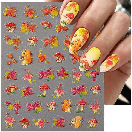 Geprägte Herbst-Nagelkunst-Sticker, 5D Thanksgiving-Tag Nagel-Aufkleber, Selbstklebende Ahornblätter für DIY Herbst-Nagelzubehör Dekoration(5 Blätter)