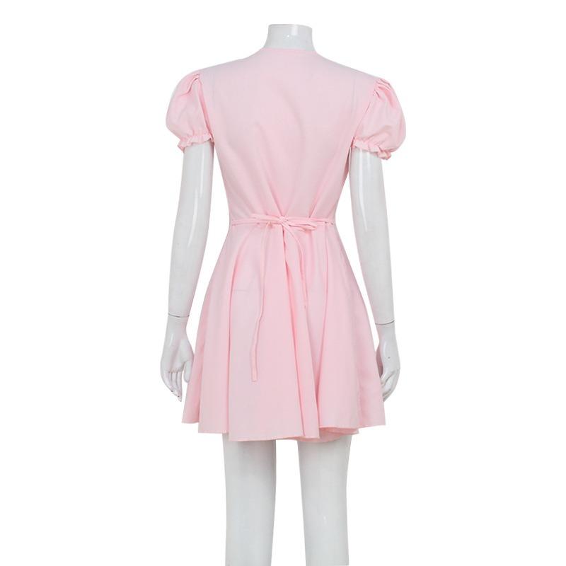 Moda de vară Temperament Socialite Rochie scurtă umflată cu decolteu în V adânc cu mâneci cu bule