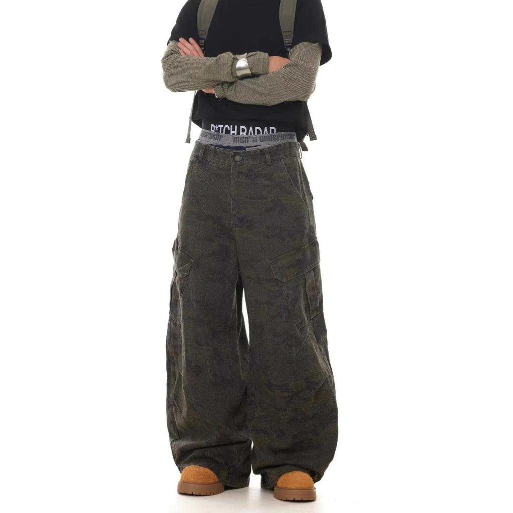 STREETRICH American Retro Multi-pocket Camouflage Silhouette Scimitar Jeans Niche Baggy Wide-leg Sickle Casual Pants Hoodies Men's Clothing