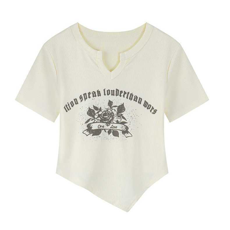 

Женская футболка LIDADA с неровным низом, коротким рукавом и V-образным вырезом - Приталенный крой, Прямое плечо, Летний дизайн. L (50-57 kg)