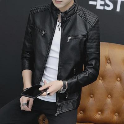 2024 Trendy Men's PU Leather Motorcycle Jacket, Windproof Solid Color, Slim Fit, Perfect for Spring & Autumn