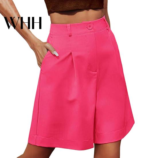 Women Shorts Summer Elastic High Waist Loose Side Pockets Straight Above Knee Length Soft Solid Color Breathable Daily Casual Business Office