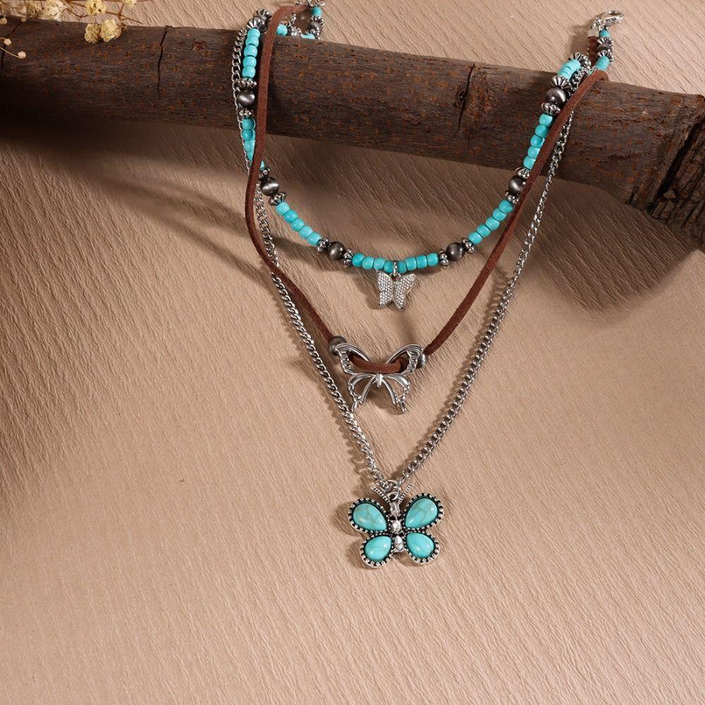 Cactus Multilayer Turquoise Necklace Bead Bohemian Style Clavicle Chain Vacation Beach Choker  Gift