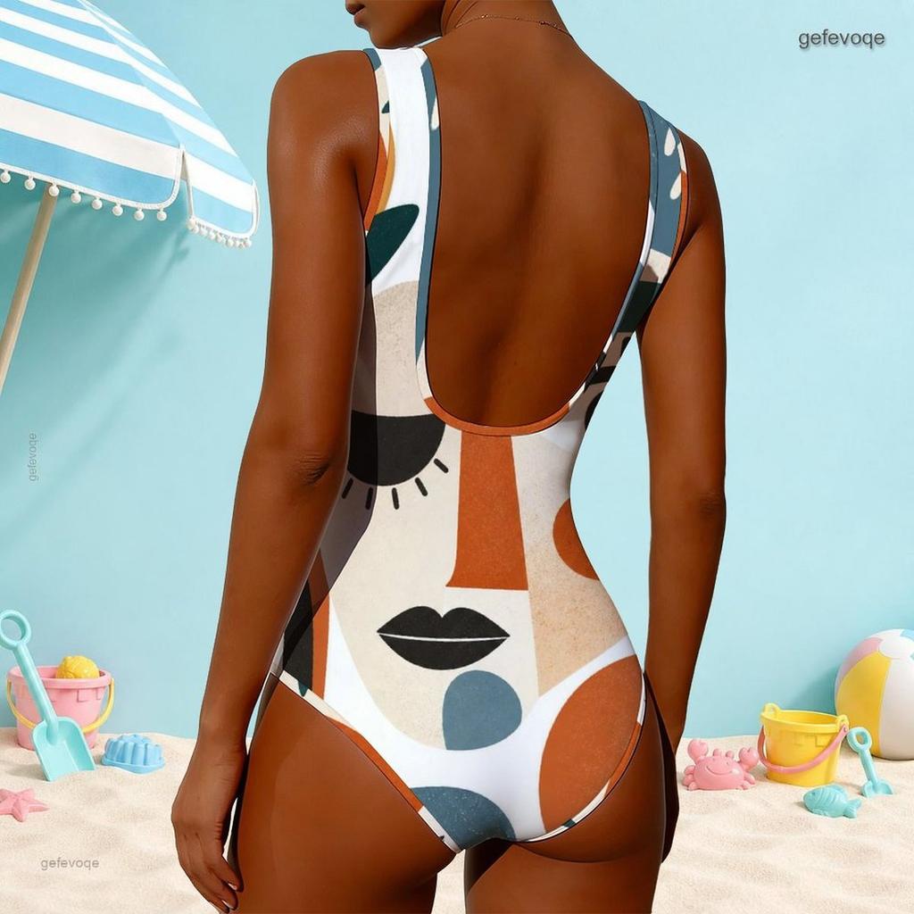 Women Plus Size High Round Neck Sleeveless Navy Blue Geometric Printed One Piece Swimsuit