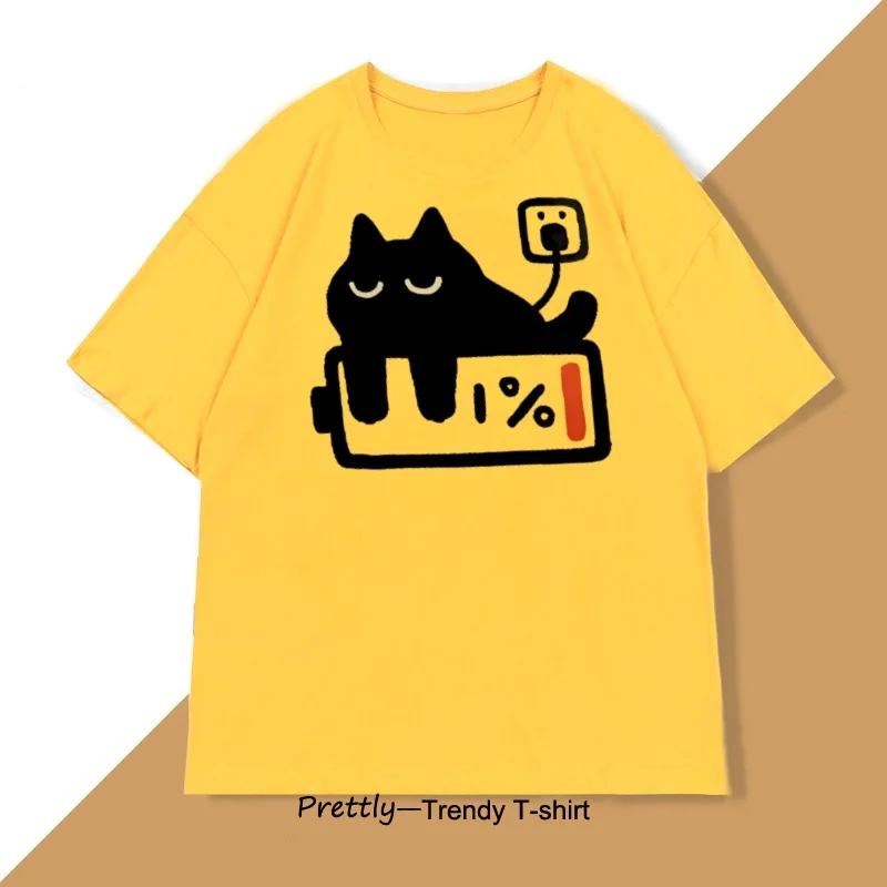 Funny Cat Charging T-shirt for Women Casual T Shirts Short Sleeved Tees Female Tops Summer Streetwear Women Clothes