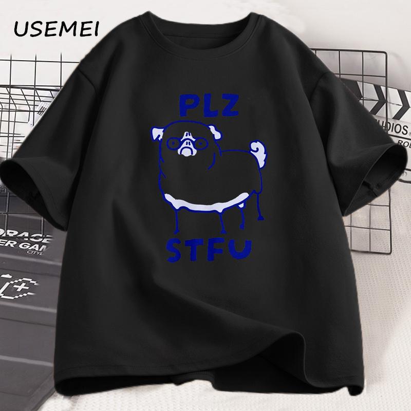 PLZ STFU Pug T Shirt Men Casual Short Sleeve Tee Shirt Meme Funny T-Shirt Vintage Drawing Racoon Animal Tshirt Streetwear Tees
