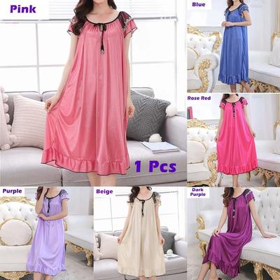 Women Fashion Nightdress Long Dress Sleepwear Short Sleeve Pajamas Summer Casual Nightdress