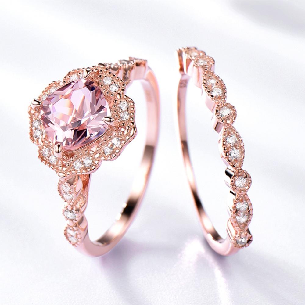 Set de inele florale rafinate 2-în-1 Nano Morganite, cadou pentru propunerea de Valentine, bijuterii pentru femeie