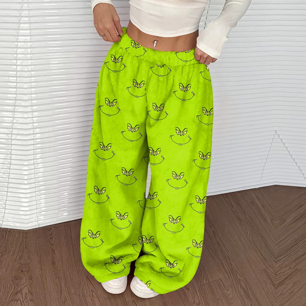 Women's Casual Christmas Print Elastic Waist Loose Fit With Plush Wide Leg Pants