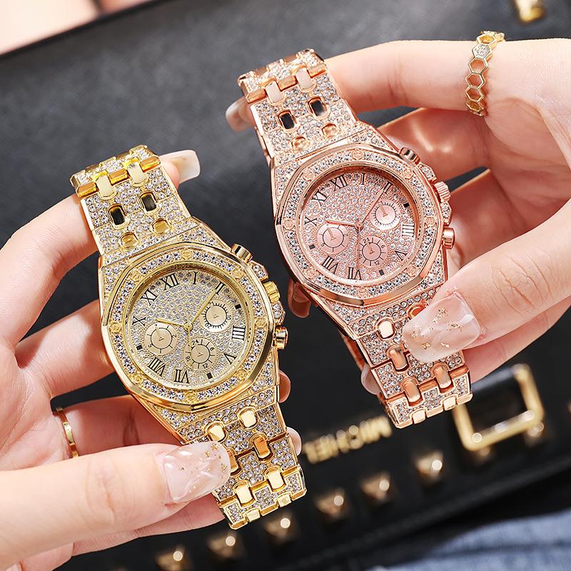 Trendy Baby'S Breath Steel Strap Diamond Encrusted Men'S Women'S Watch Full Diamond Three-Eye Roman Numeral Quartz Watch