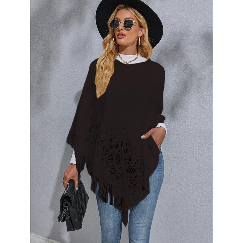 New Casual Women Shawl Fashionable Poncho Cotton Knitted Sweater Hollow Tassel Plus Size Pullover Woman