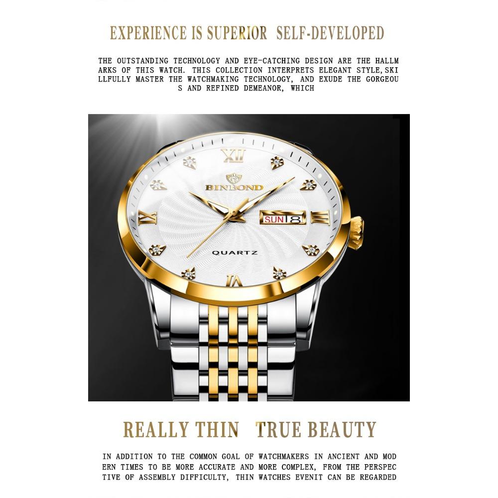 BINBOND Quartz Watches for Men Luxury Luminous Waterproof Precise Auto Date Week Display Men's Watch Casual Sturdy Reloj