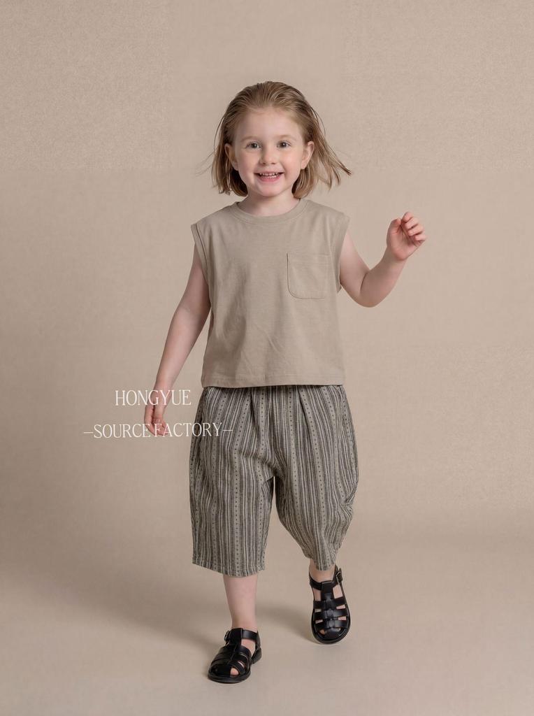 Kids' Japanese Style Vertical Stripe Cotton Linen Pants – Breathable, Straight 7-point Summer Pants for Boys and Girls, Trendy Korean Casual
