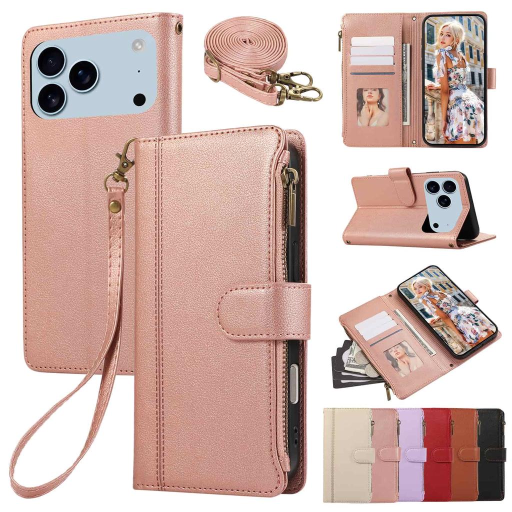 Crossbody Phone Case for iPhone 17 Pro Max Air 16E 16 Plus 15 Pro 14 13 Mini 12 11 Lanyard Zipper PU Leather Card Holder Wallet