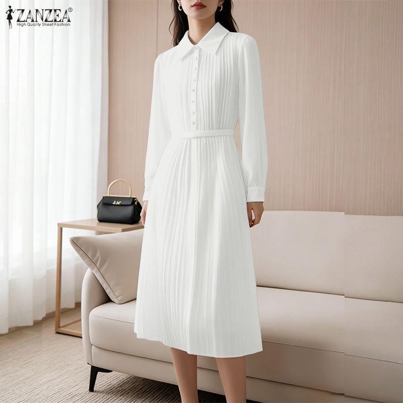 ZANZEA Women Casual Turn Down Collar Solid Color Long Sleeve Loose Dress