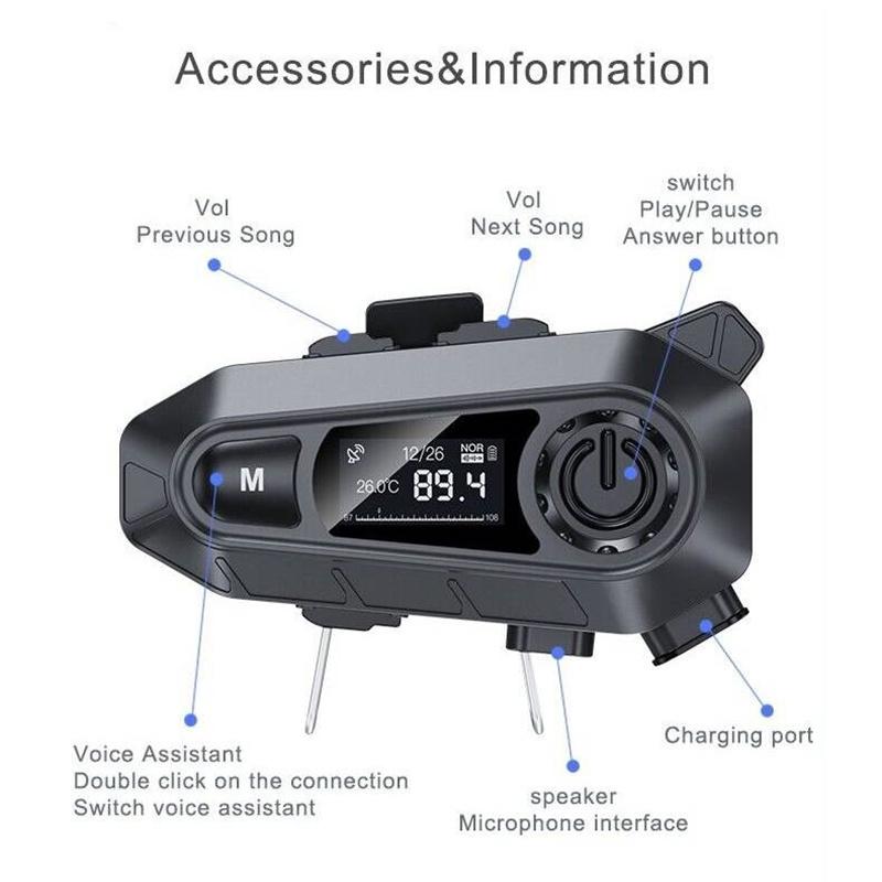 Motorcycle Helmet Headset Wireless Handfree Call Waterproof Bt 5.4 Moto Headphone With Fm Radio Large Led Display For Rider