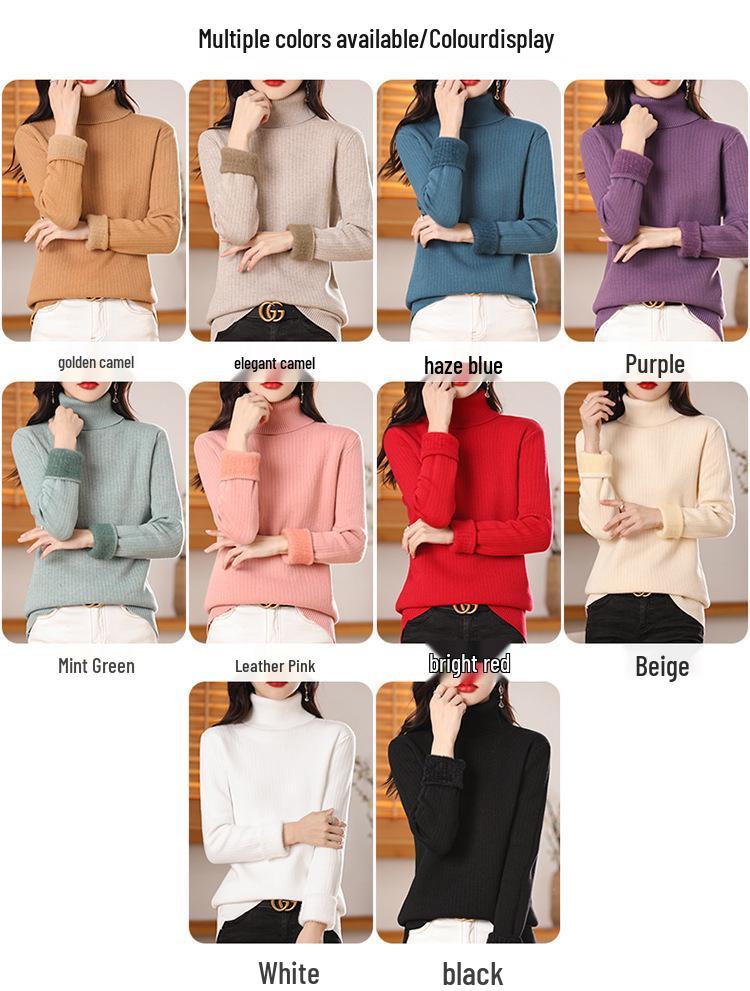 Ladies' 2023 Winter Velvet High-Neck Thick Sweater - Solid Color Long Sleeve Pullover Base Layer.