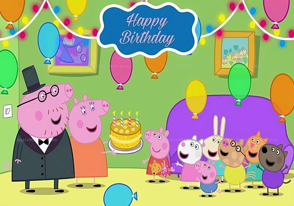 Peppa Pig Happy Birthday Backdrop Cute Pink Cartoon Family Kids Boys Girls Baby Shower Party Photo Background Decor Supplies 150X100CM