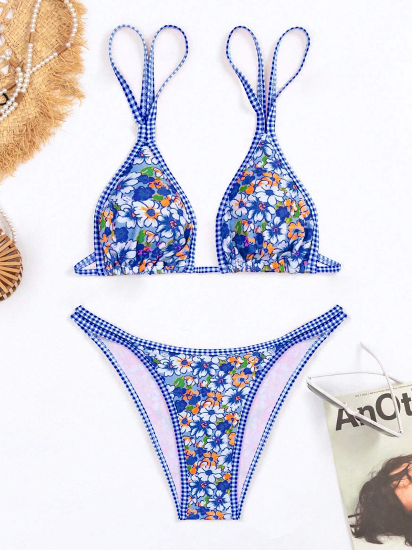 

Европейско-американское бикини для женщин: Купальник нового стиля со свежим принтом Extra Large синий