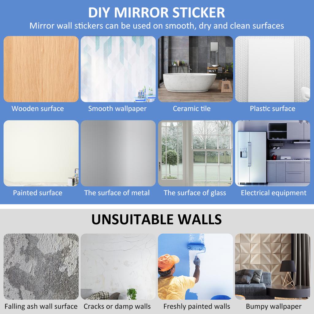 6/10PCS/Set Self Adhesive Mirror Sheets Flexible Non Glass Mirrors Removable Mirror Wall Sticker 3D Wall Decor Home Room Bedroom