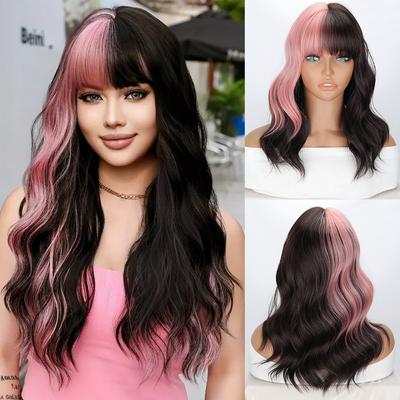Synthetic Pink Mix Black Wig With Bangs Short Wavy Wig Loose Wavy Shoulder Length Colored Costume Wig For Women Girls Cosplay
