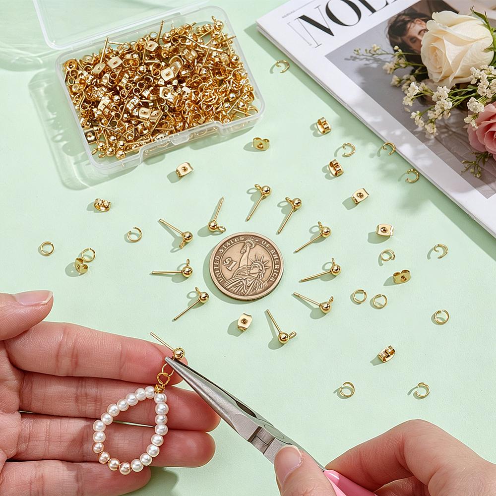 100Pcs 304 Stainless Steel Ball Stud Earring Findings with Horizontal Loops & 100Pcs Ear Nuts & 100Pcs Open Jump Rings Golden 15x7x4mm Hole: 1.7mm