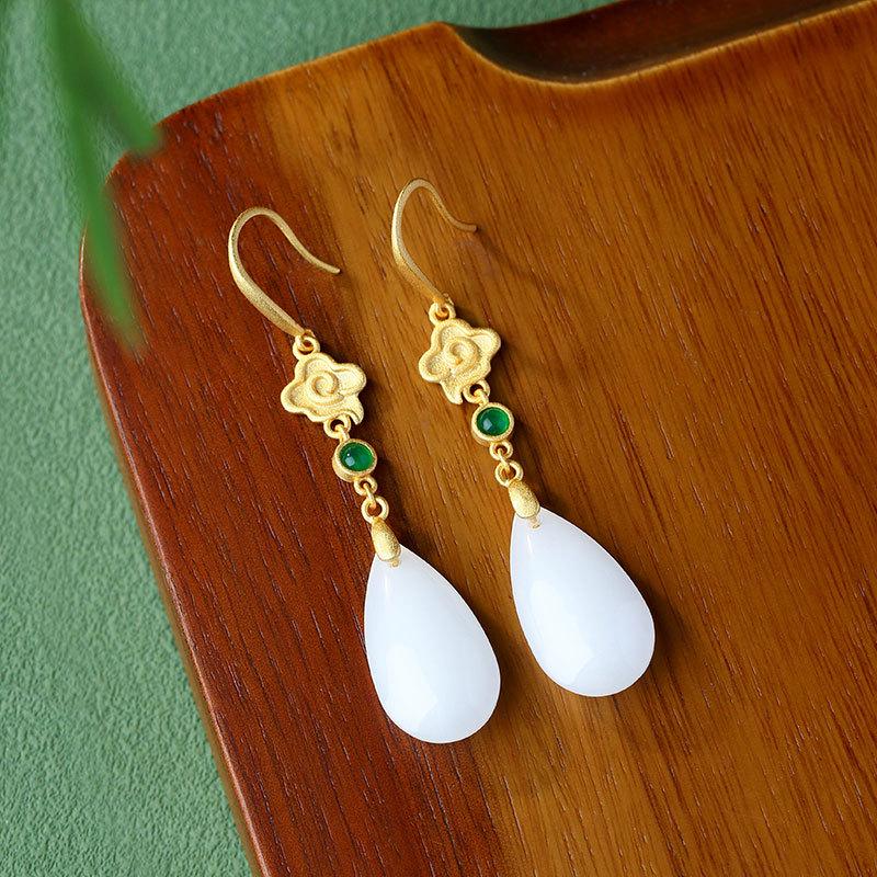 Gold-Plated Chinese Cloud Design Jade Drop Earrings - High-End Ancient Style Skirt Accessories